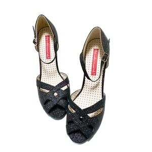 ModCloth BAIT Metallic Black Glitter Peep-Toe Block Heels 40s Ballroom PinUp